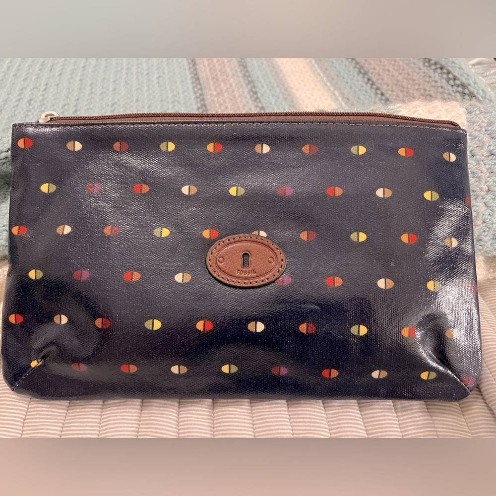 Fossil Key-Per Coated Canvas Zipper Pouch/Cosmetic Bag Navy